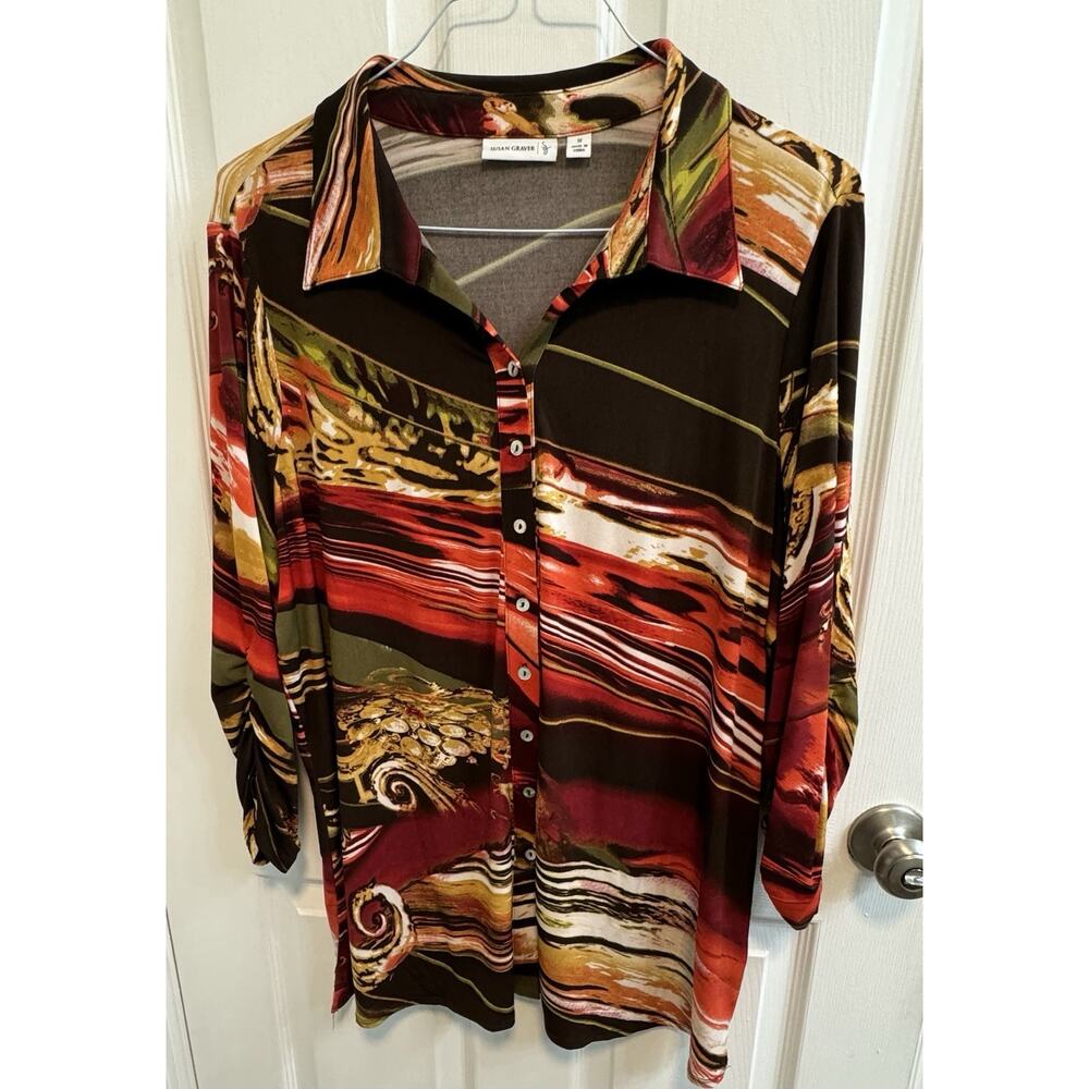 Susan Graver 1X Button Collared Knit Blouse Orange Black Ruched 3/4 Sleeves
